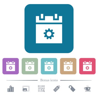 Zamanlama ayarları beyaz düz simgeler renk üzerinde kare arka planlar yuvarlanır. 6 bonus simgeler dahil