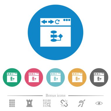 Tarayıcı akış şeması düz beyaz simgeleri yuvarlak renkli arka planlar. 6 bonus simgeler dahil.