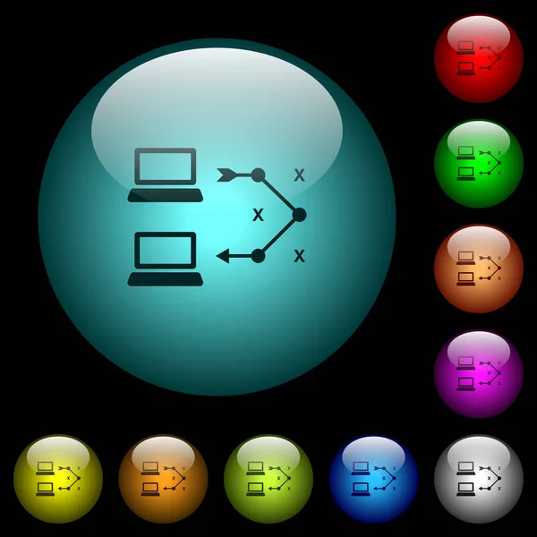 Traceroute 远程计算机图标在彩色照明球面玻璃按钮上的黑色背景 可用于黑色或深色模板 — 图库矢量图片
