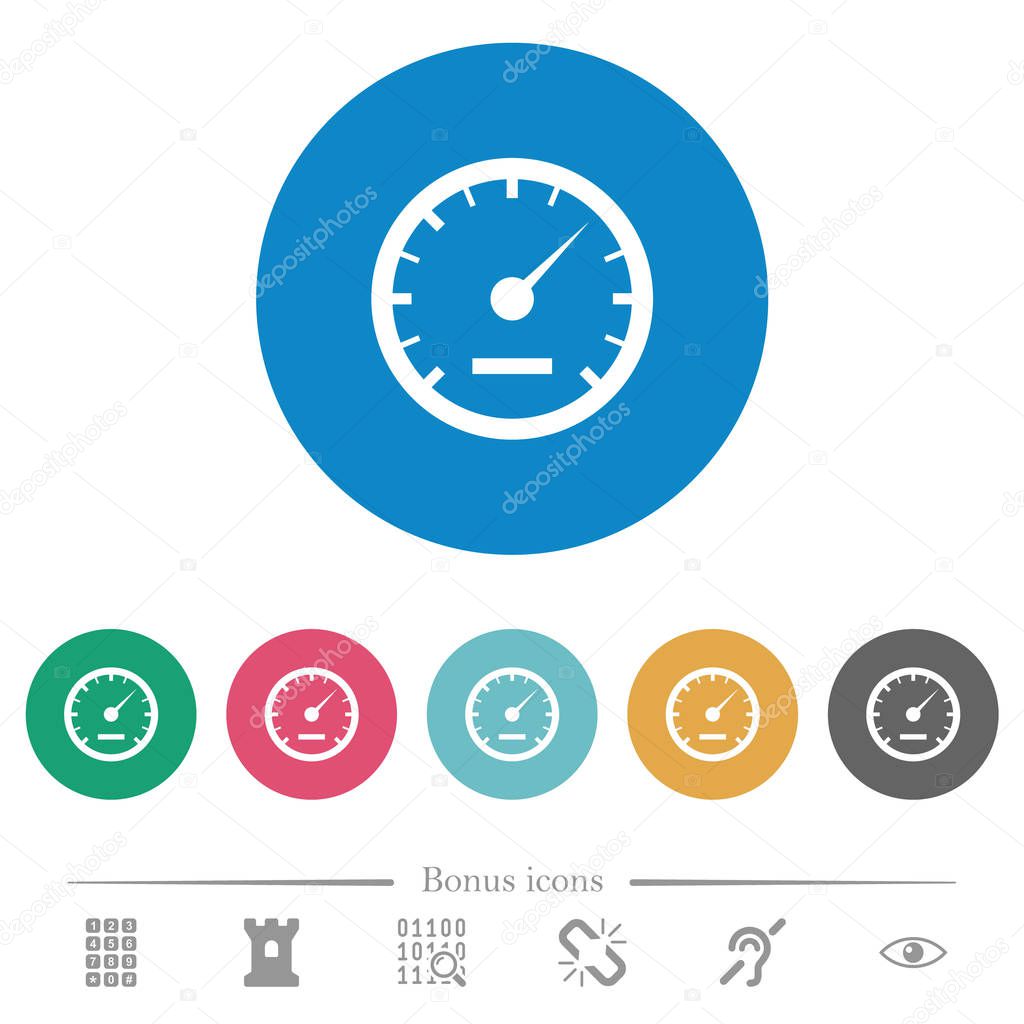 Speedometer flat white icons on round color backgrounds. 6 bonus icons included.
