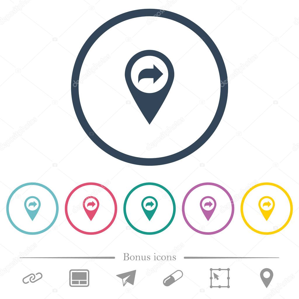 Forward GPS map location flat color icons in round outlines. 6 bonus icons included.
