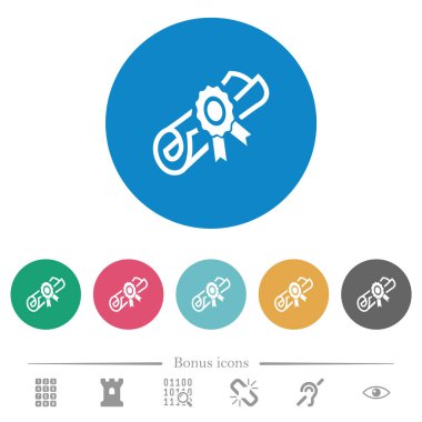 Yuvarlak renkli arka planlar üzerinde mühür düz beyaz simgelerle diploma kaydırma. 6 bonus simgeler dahil.