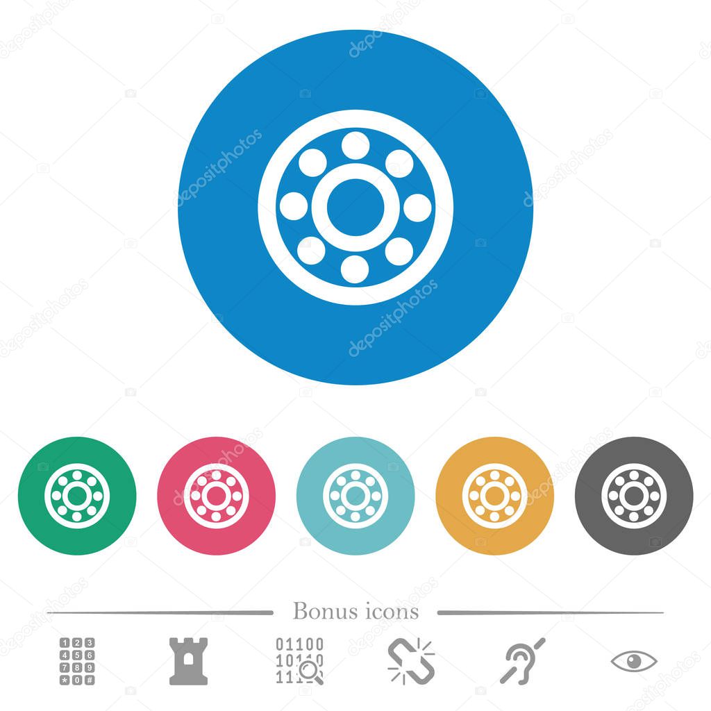 Bearings flat white icons on round color backgrounds. 6 bonus icons included.