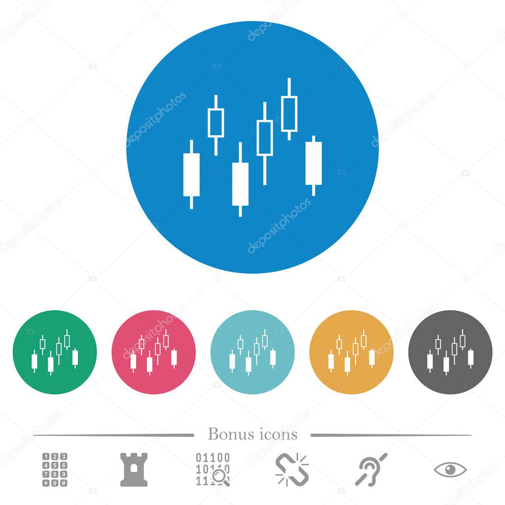 Candlestick chart flat white icons on round color backgrounds. 6 bonus icons included.