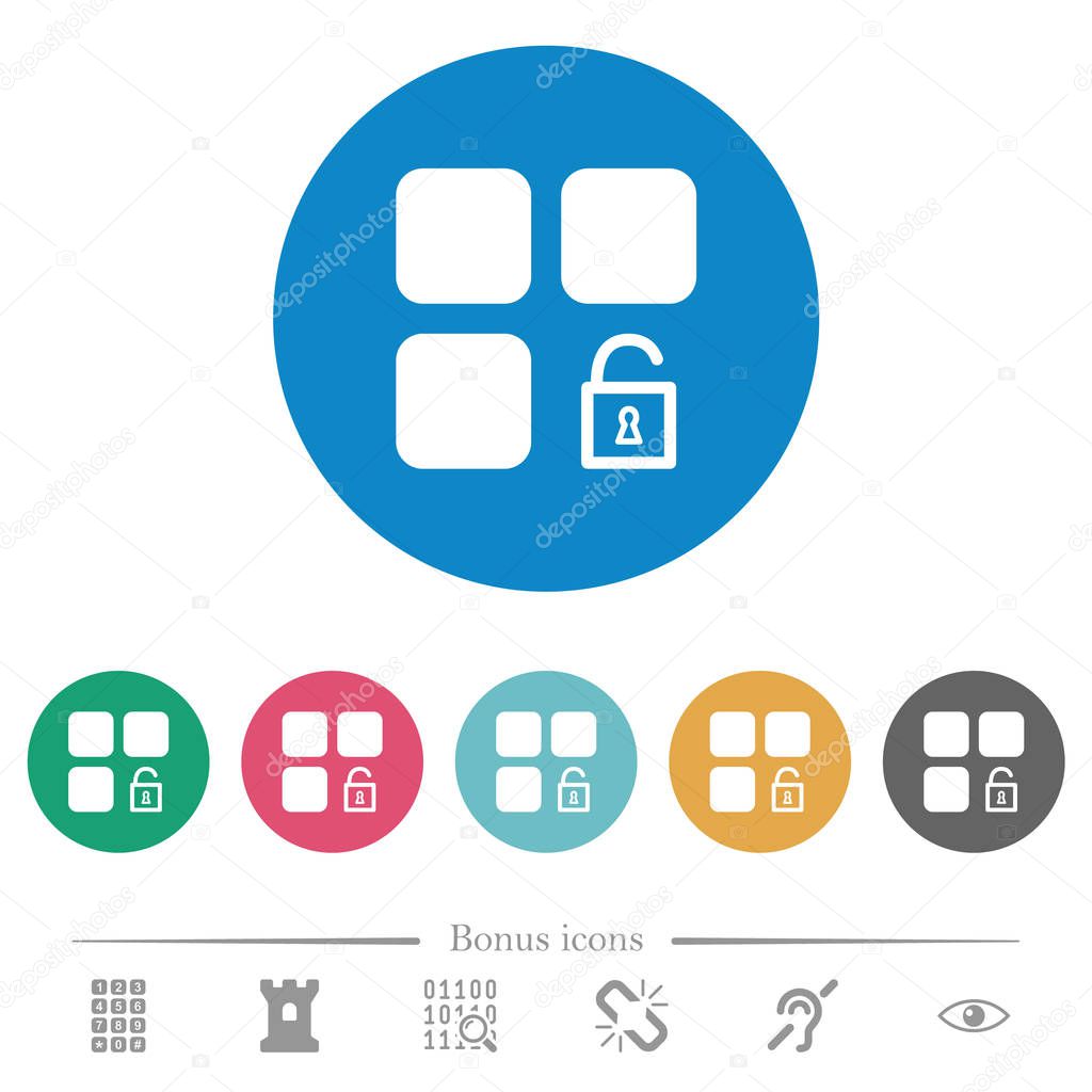 Unlock component flat white icons on round color backgrounds. 6 bonus icons included.