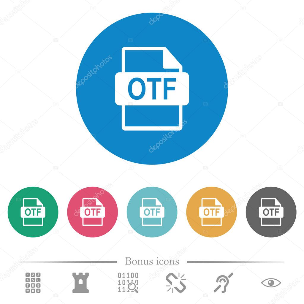 OTF file format flat white icons on round color backgrounds. 6 bonus icons included.