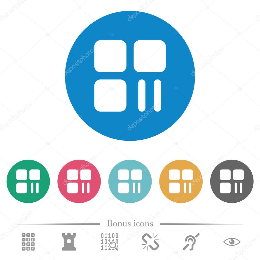 Component pause flat white icons on round color backgrounds. 6 bonus icons included.