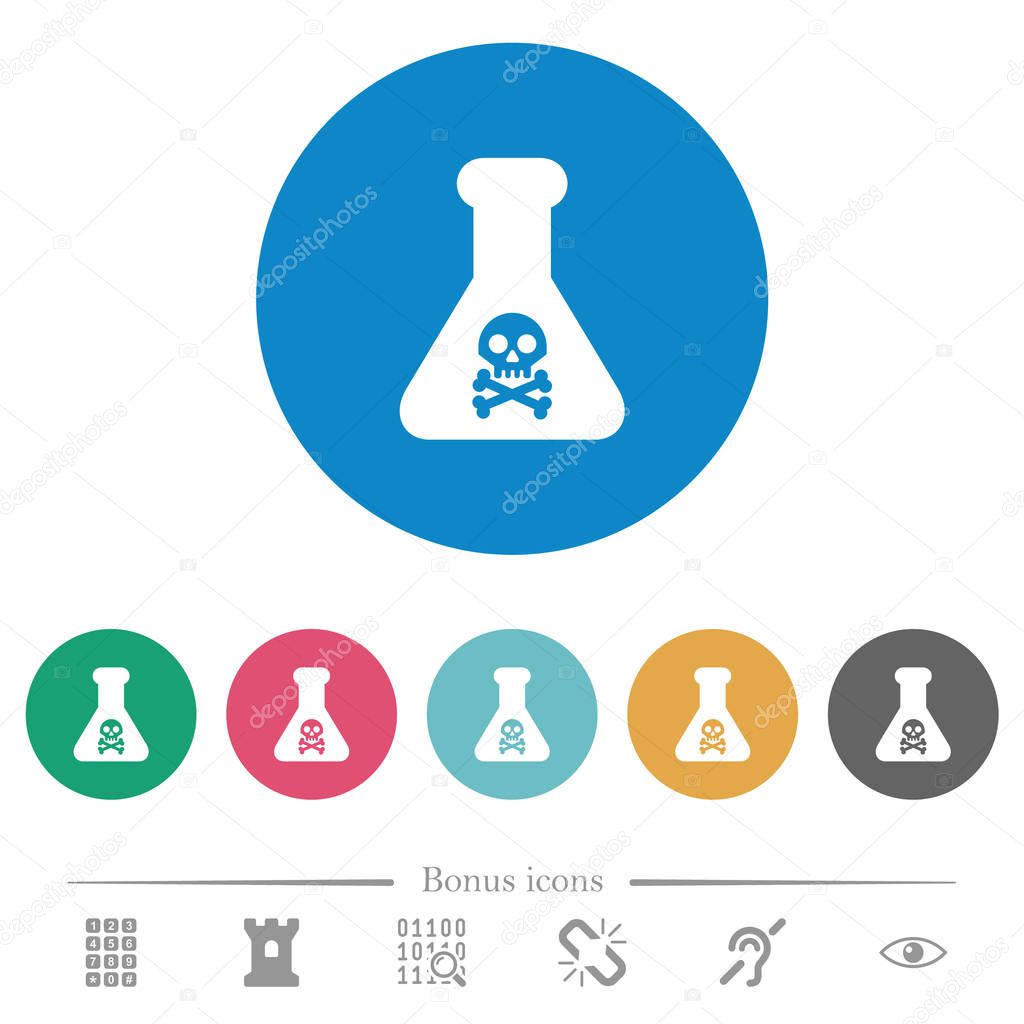 Dangerous chemical experiment flat white icons on round color backgrounds. 6 bonus icons included.