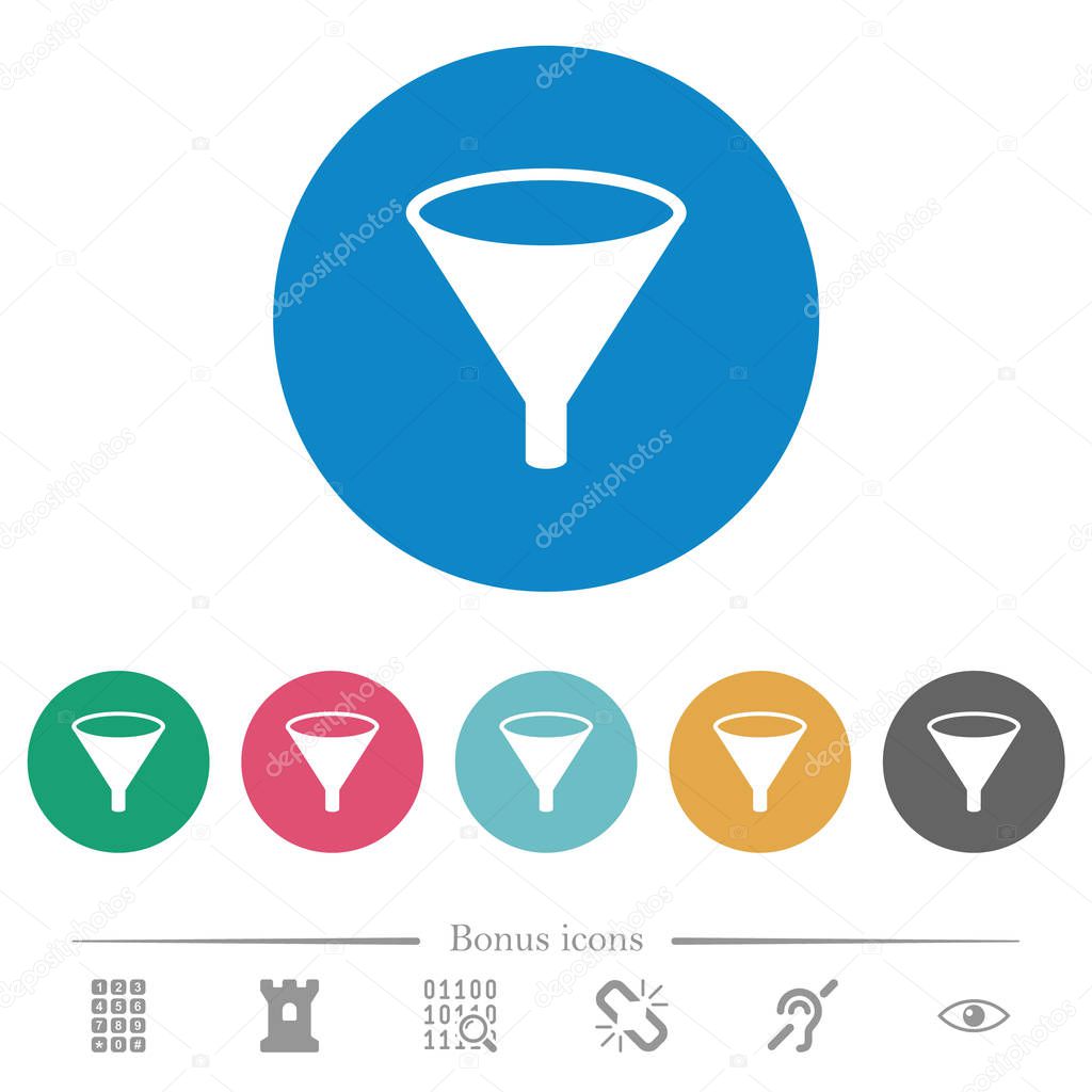 Funnel flat white icons on round color backgrounds. 6 bonus icons included.