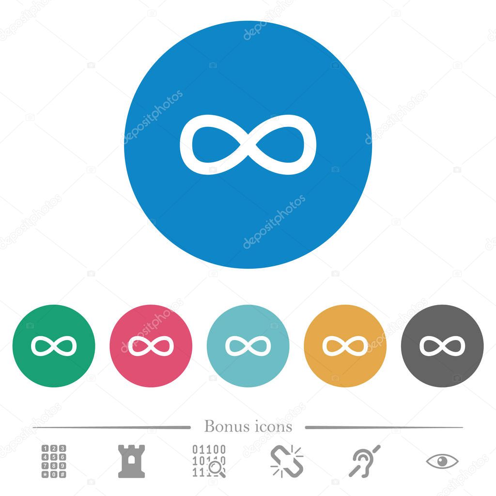 Infinity symbol flat white icons on round color backgrounds. 6 bonus icons included.