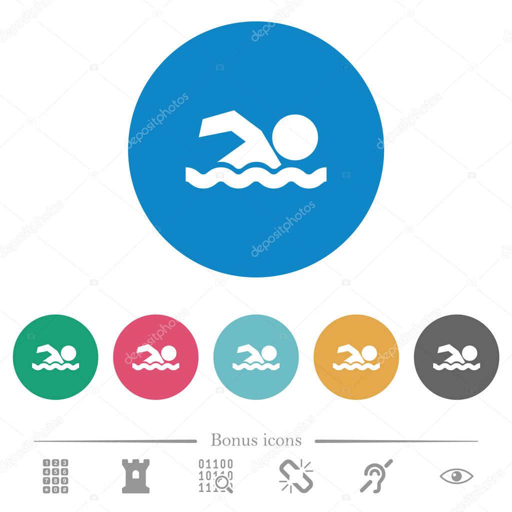 Swimming man flat white icons on round color backgrounds. 6 bonus icons included.