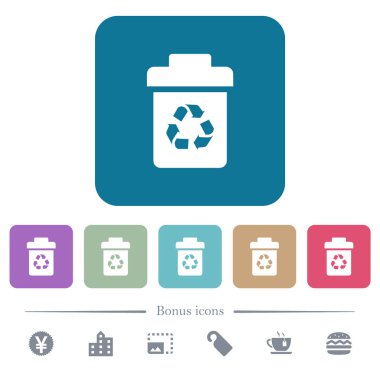 Geri dönüşüm kutusu beyaz renkli yuvarlak kare arka planlar üzerinde düz simgeler. 6 bonus simgeler dahil