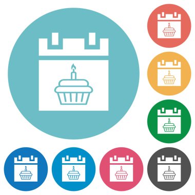 Doğum günü düz beyaz simgeleri yuvarlak renkli arka planlar