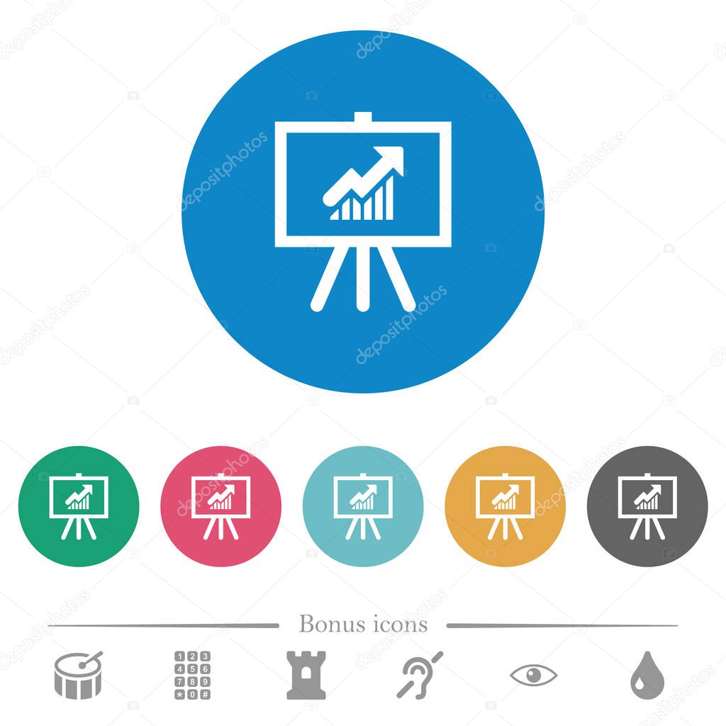 Presentation table with rising graph flat white icons on round color backgrounds. 6 bonus icons included.