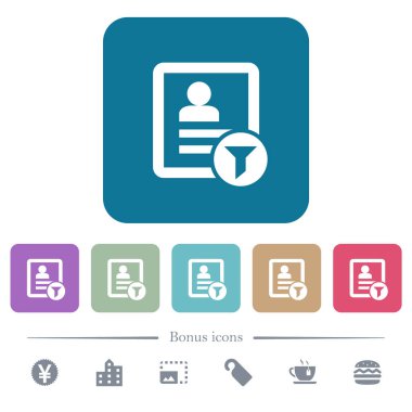 Yuvarlak renkli kare arka planlar üzerinde filtre beyaz düz simgeler başvurun. 6 bonus simgeler dahil