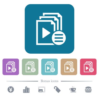 Playlist options white flat icons on color rounded square backgrounds. 6 bonus icons included