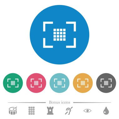 Kamera sensörü yuvarlak renkli arka planlarda düz beyaz simgeler ayarlar. 6 bonus simgeleri dahil.