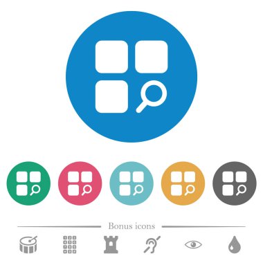 Bileşen düz beyaz simgeler yuvarlak renkli arka planlar üzerinde bulabilirsiniz. 6 bonus simgeler dahil.