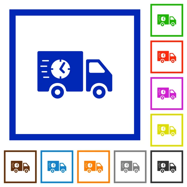 Snelle levering vrachtwagen platte ingelijste pictogrammen — Stockvector