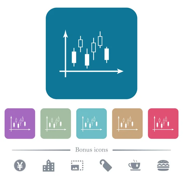 Gráfico de castiçal com eixos ícones planos em fundos quadrados arredondados de cor —  Vetores de Stock