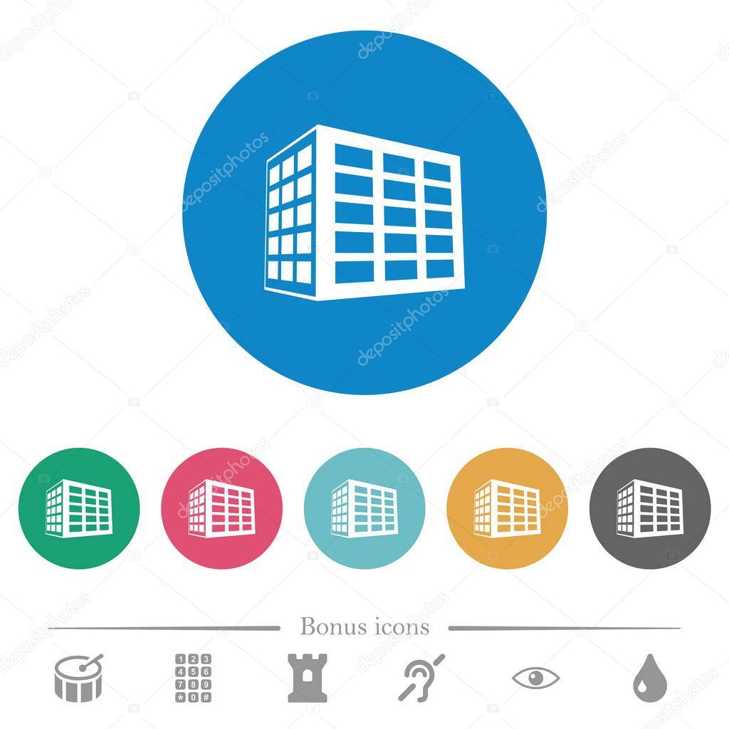 Office block flat white icons on round color backgrounds. 6 bonus icons included.