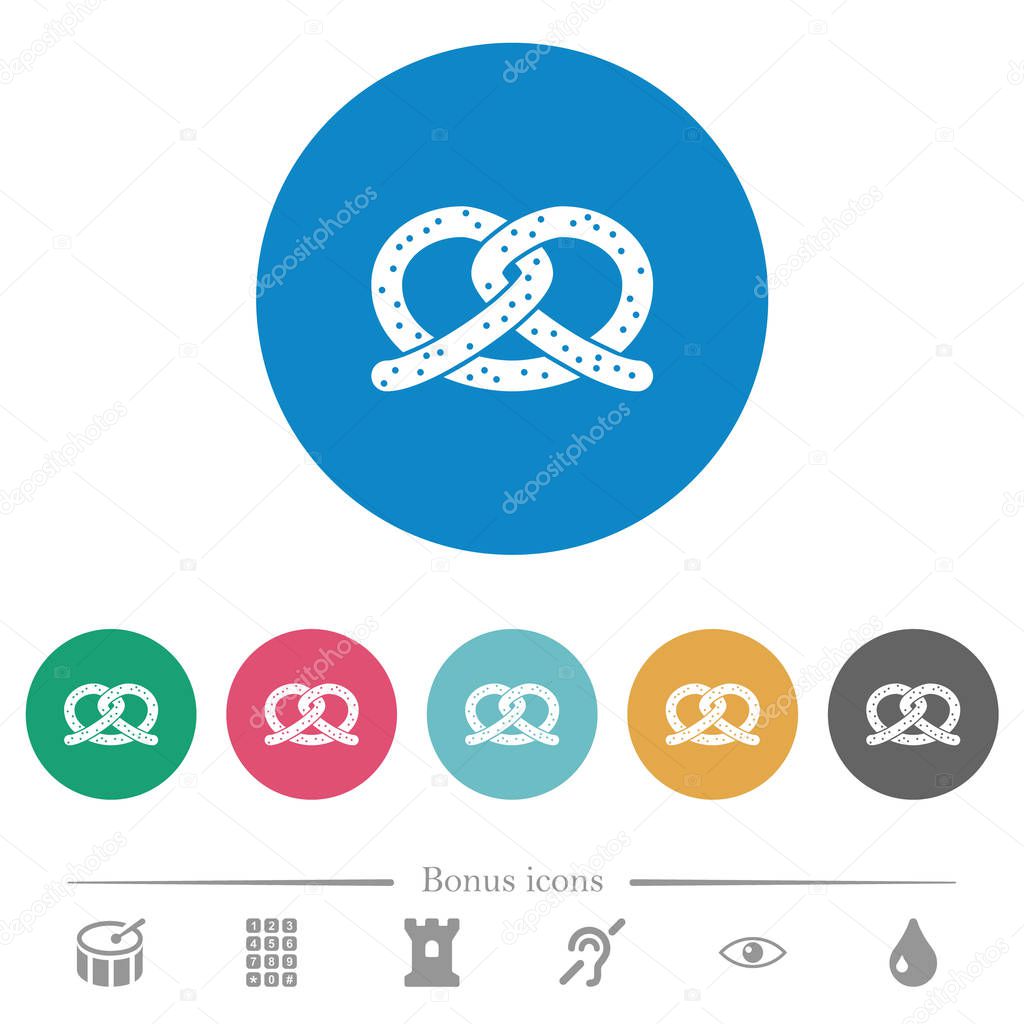 Salted pretzel flat white icons on round color backgrounds. 6 bonus icons included.