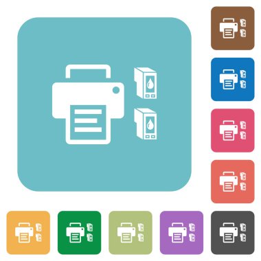Printer and ink cartridges white flat icons on color rounded square backgrounds