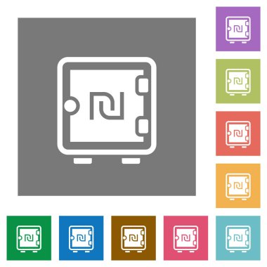 New Shekel strong box flat icons on simple color square backgrounds