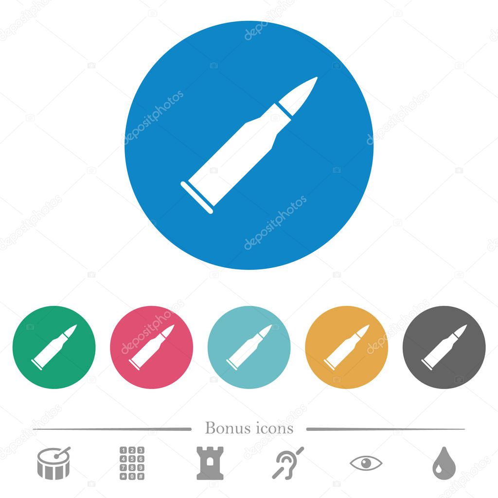 Bullet rifle ammo flat white icons on round color backgrounds. 6 bonus icons included.