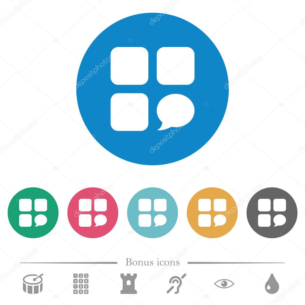 Message component flat white icons on round color backgrounds. 6 bonus icons included.