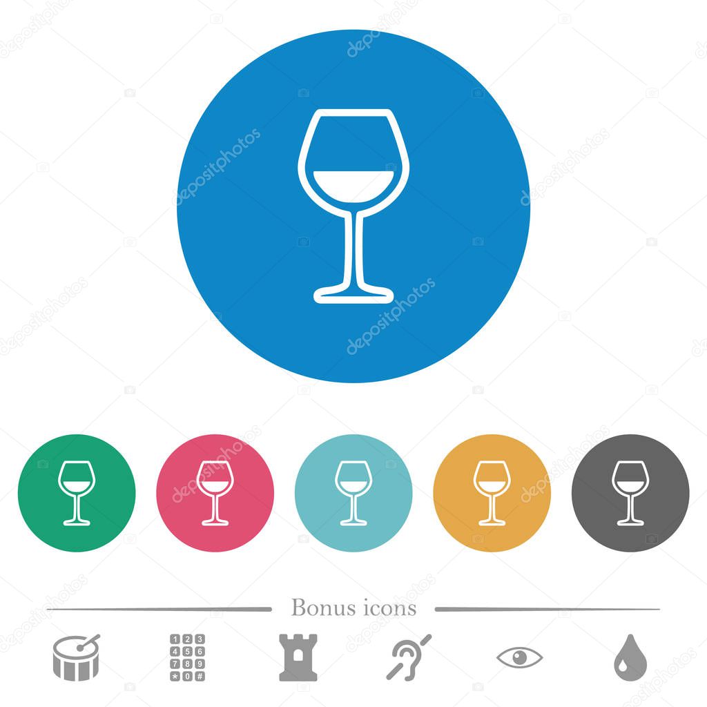 Glass of wine flat white icons on round color backgrounds. 6 bonus icons included.