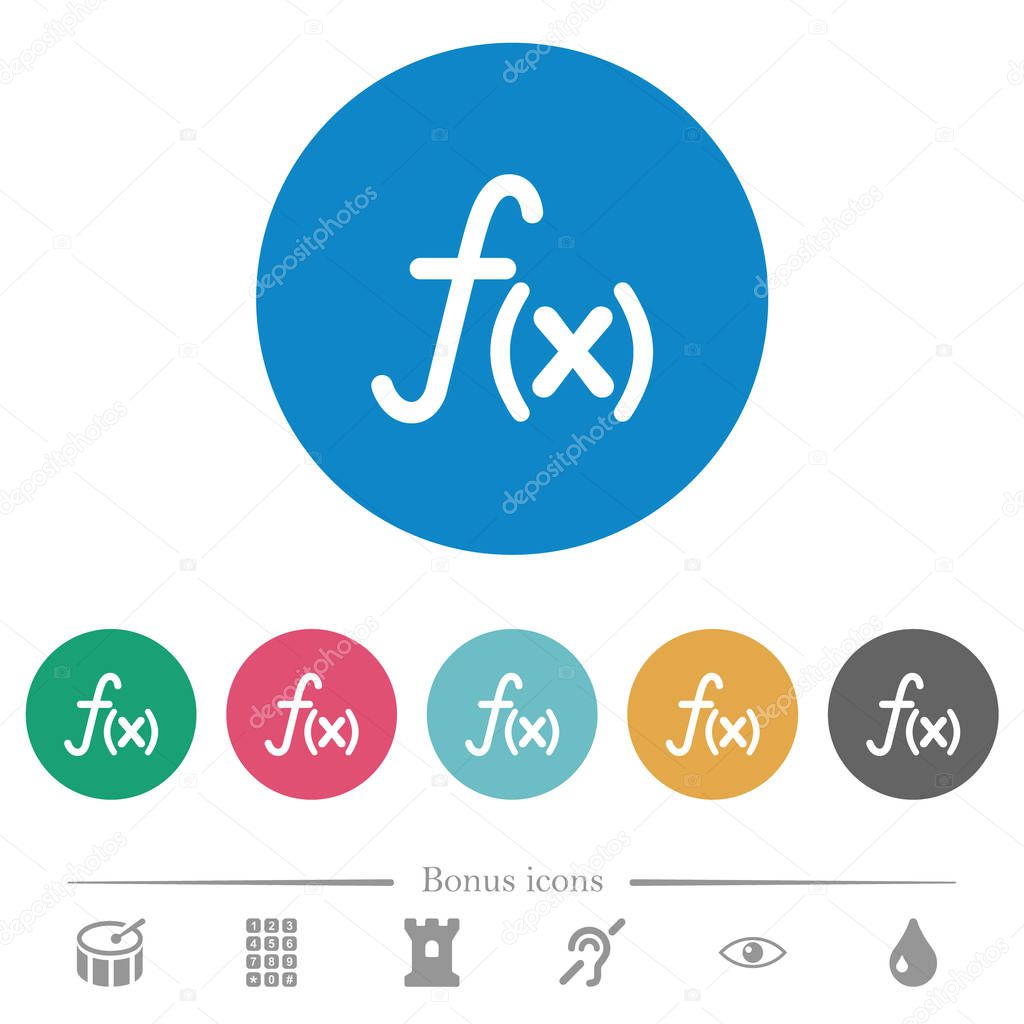 Function flat white icons on round color backgrounds. 6 bonus icons included.