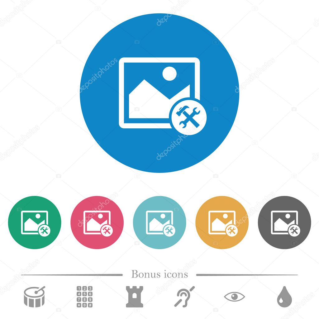 Image tools flat white icons on round color backgrounds. 6 bonus icons included.