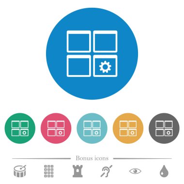 Dashboard ayarlar yuvarlak renkli arka planlar üzerinde beyaz simgeler düz. 6 bonus simgeler dahil.