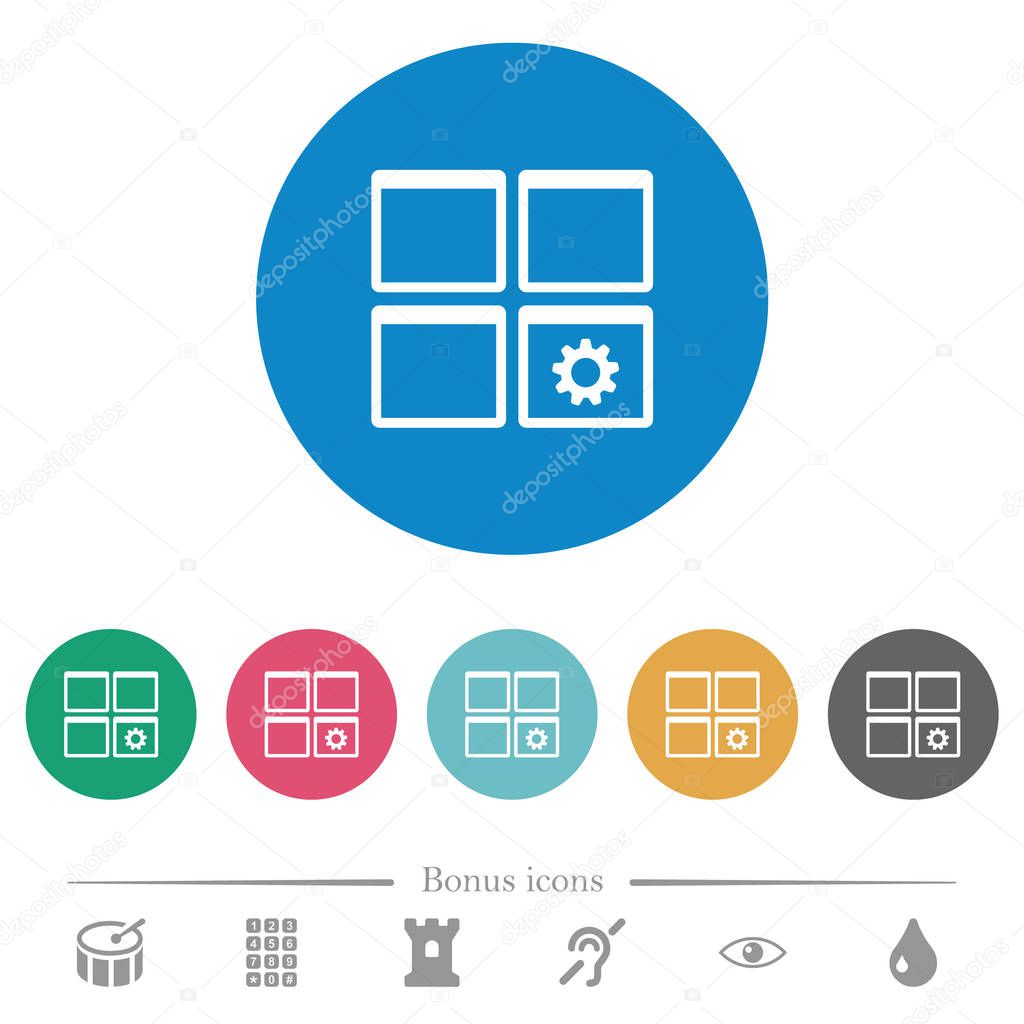 Dashboard settings flat white icons on round color backgrounds. 6 bonus icons included.