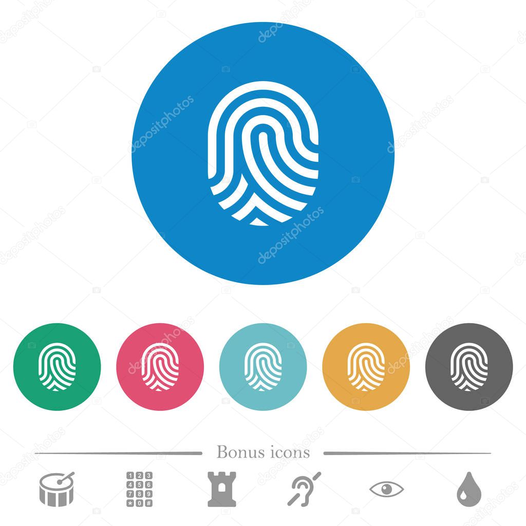 Fingerprint flat white icons on round color backgrounds. 6 bonus icons included.