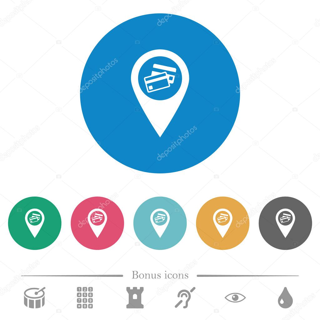 Credit card acceptance GPS map location flat white icons on round color backgrounds. 6 bonus icons included.