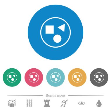 Öğeleri düz beyaz simgeler yuvarlak renkli arka planlar üzerinde gruplandırma. 6 bonus simgeler dahil.