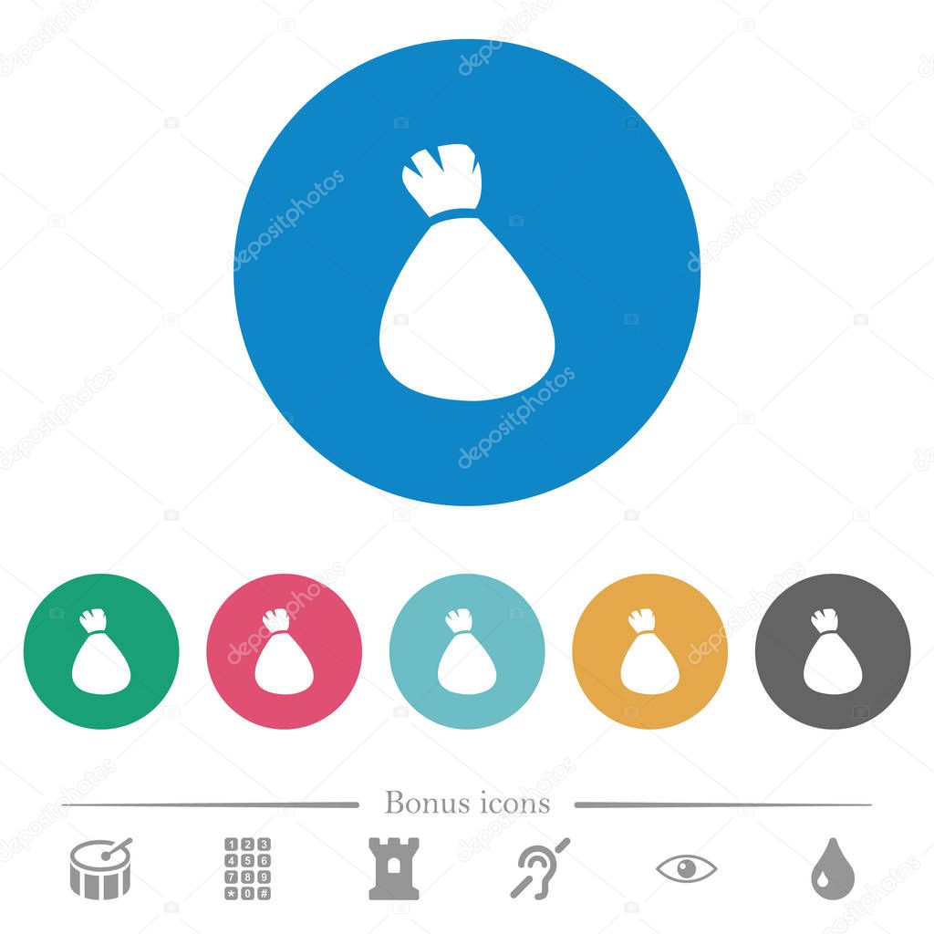 Money bag flat white icons on round color backgrounds. 6 bonus icons included.