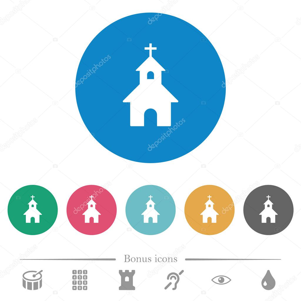 Curch flat white icons on round color backgrounds. 6 bonus icons included.