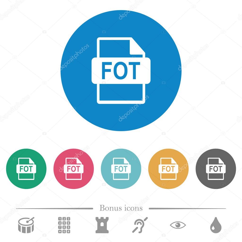 FOT file format flat white icons on round color backgrounds. 6 bonus icons included.