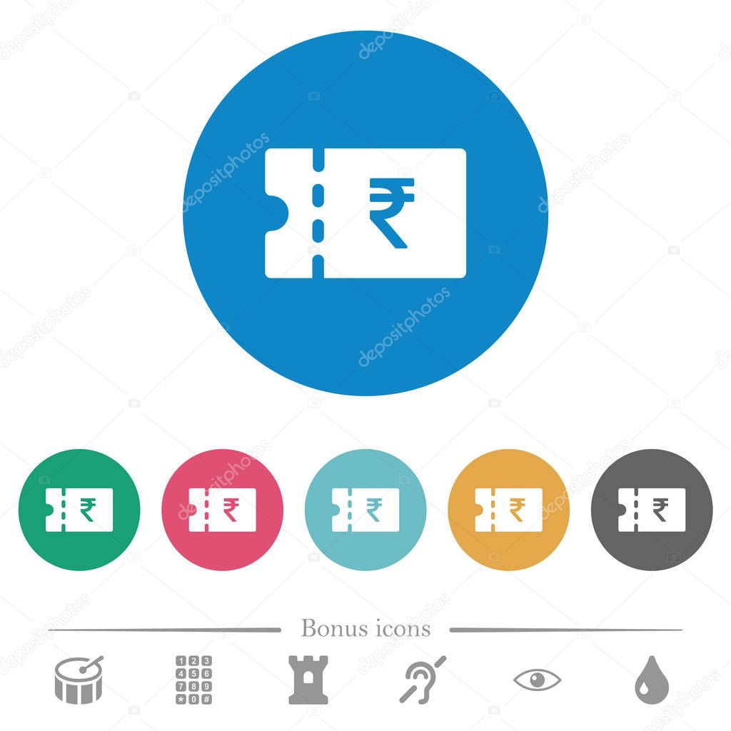 Indian Rupee discount coupon flat white icons on round color backgrounds. 6 bonus icons included.