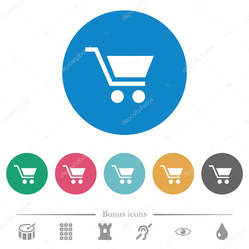 Empty shopping cart flat white icons on round color backgrounds. 6 bonus icons included.
