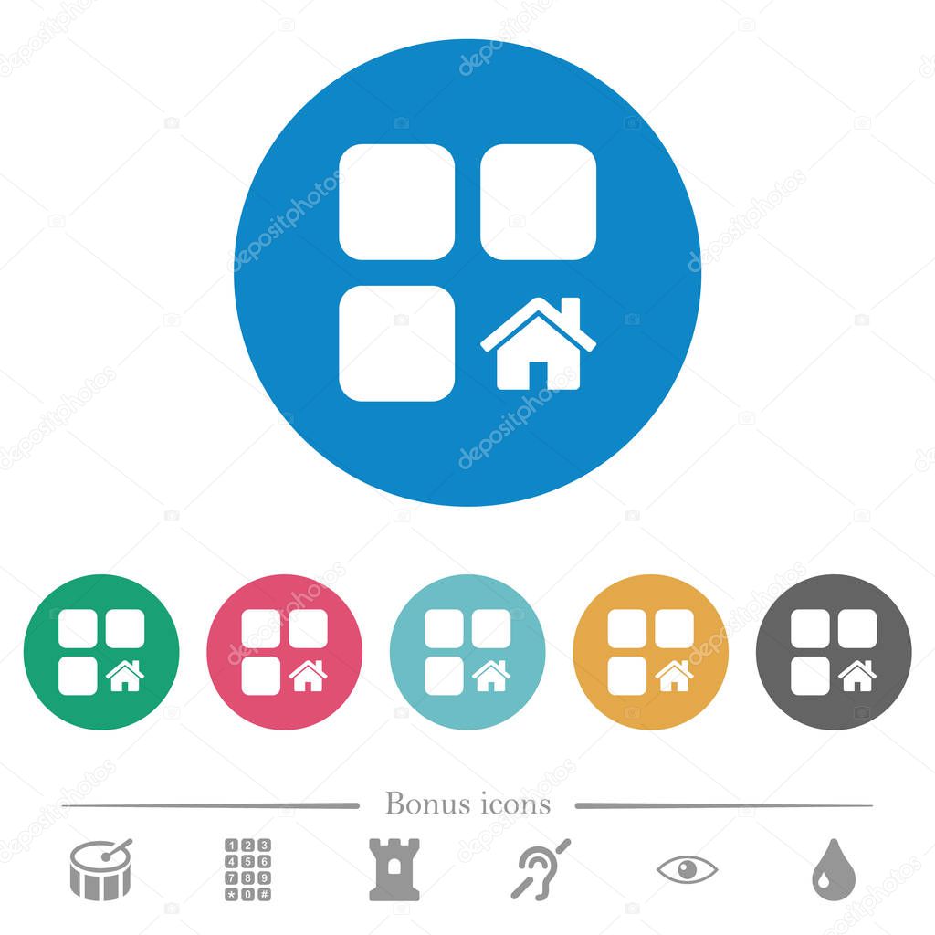 Default component flat white icons on round color backgrounds. 6 bonus icons included.