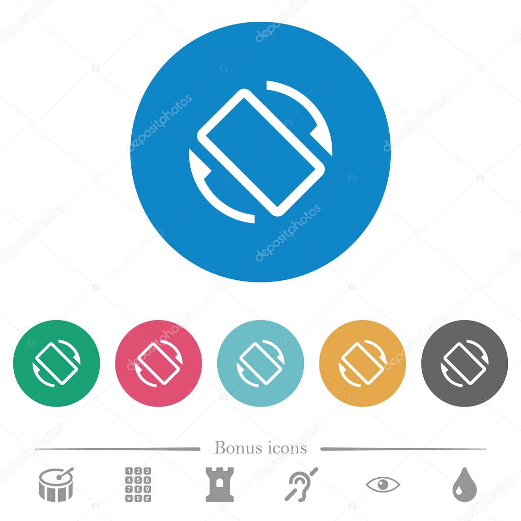 Mobile screen automatic rotation flat white icons on round color backgrounds. 6 bonus icons included.