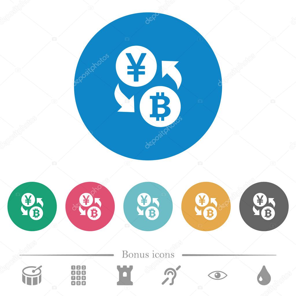 Yen Bitcoin money exchange flat white icons on round color backgrounds. 6 bonus icons included.
