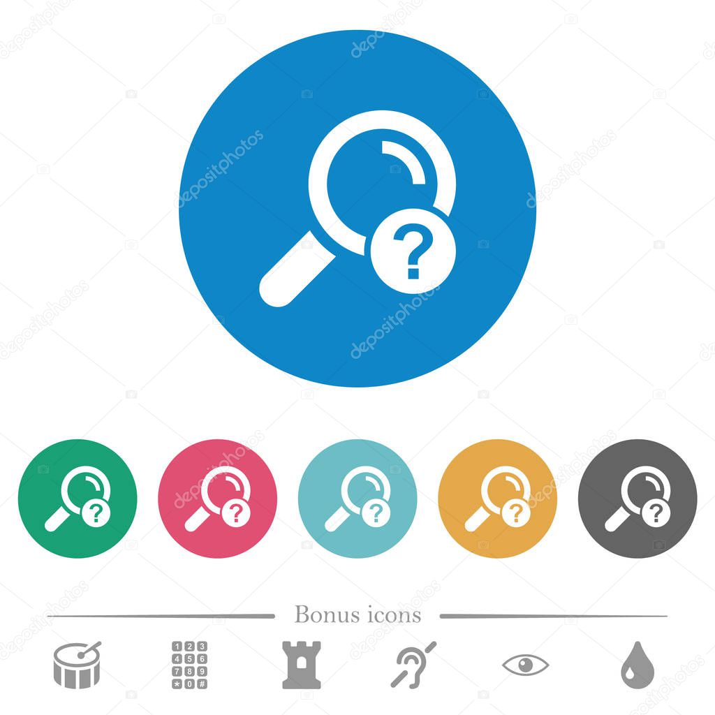 Unknown search flat white icons on round color backgrounds. 6 bonus icons included.