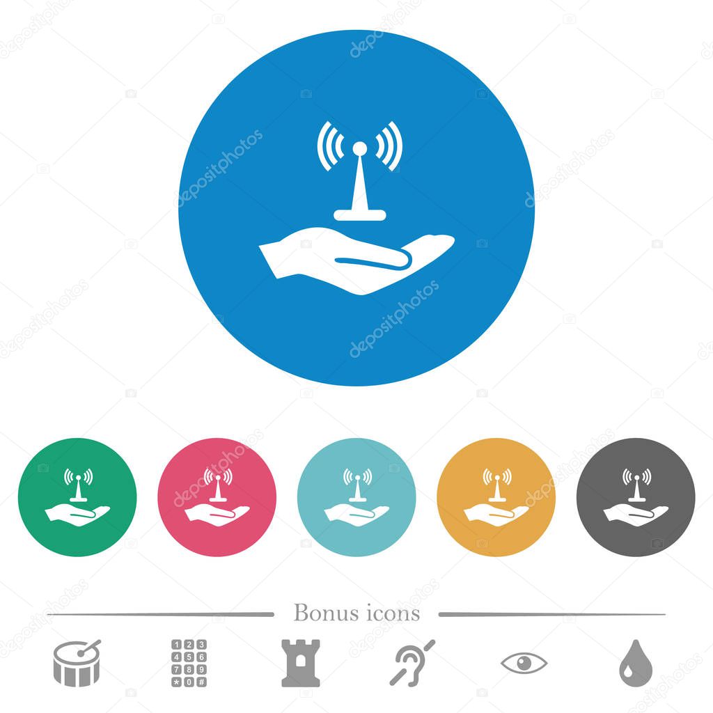 Sharing wireless network flat white icons on round color backgrounds. 6 bonus icons included.