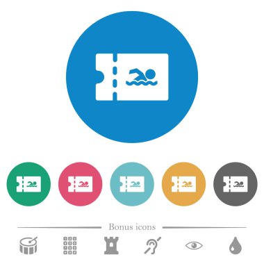 Yuvarlak yüzme havuzu indirim kupon düz beyaz simgeler üzerinde renkli arka planlar. 6 bonus simgeler dahil.