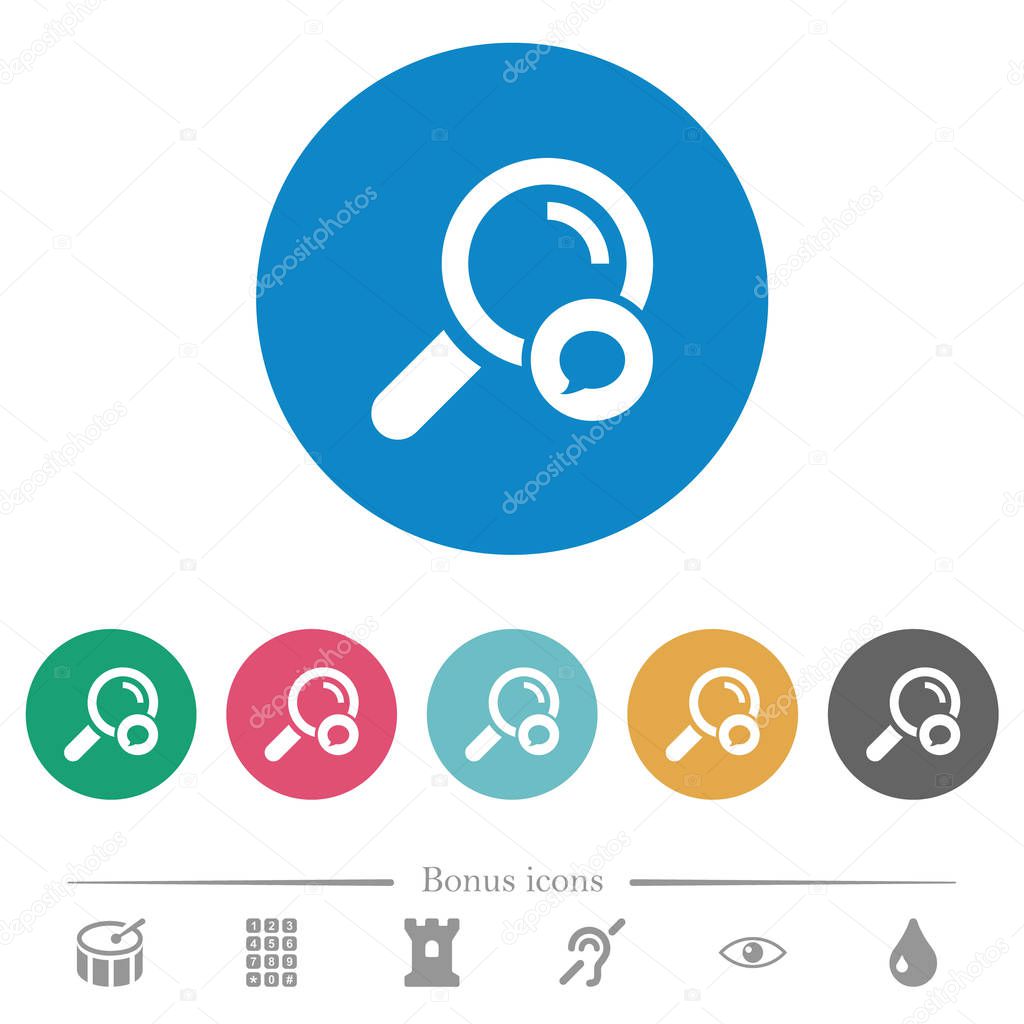 Search comment flat white icons on round color backgrounds. 6 bonus icons included.